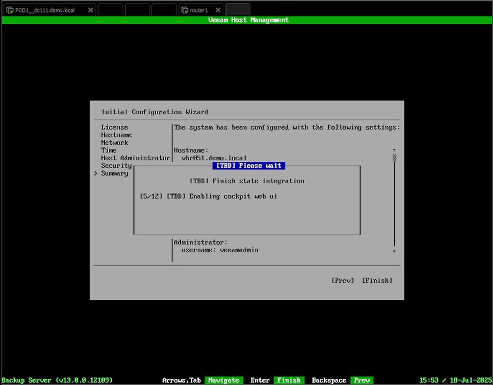 VBR v13 Beta 2 Abschluss der Konfiguration in der TUI mit Neustart der diversen Services