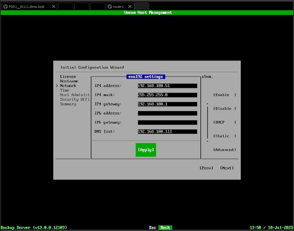 VBR v13 Beta 2 TUI Angabe Netzwerkeinstellungen, bei Bedarf anstelle der einfachen Konfiguration alternativ im Setup en detail mit nmtui einstellbar