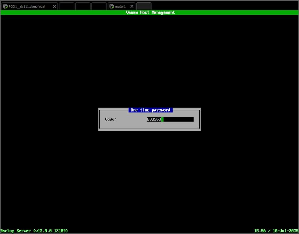 VBR v13 Beta 2 Logon als veeamdmin in der TUI mit zusaetzlichem TOTP