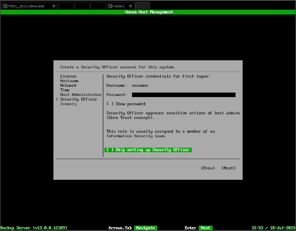 VBR v13 Beta 2 TUI fakultative Anlage des veeamso (Veeam Security Officer)