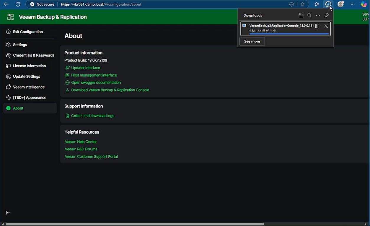VBR v13 Beta 2 Web-Console Settings - About: Download der Windows Console